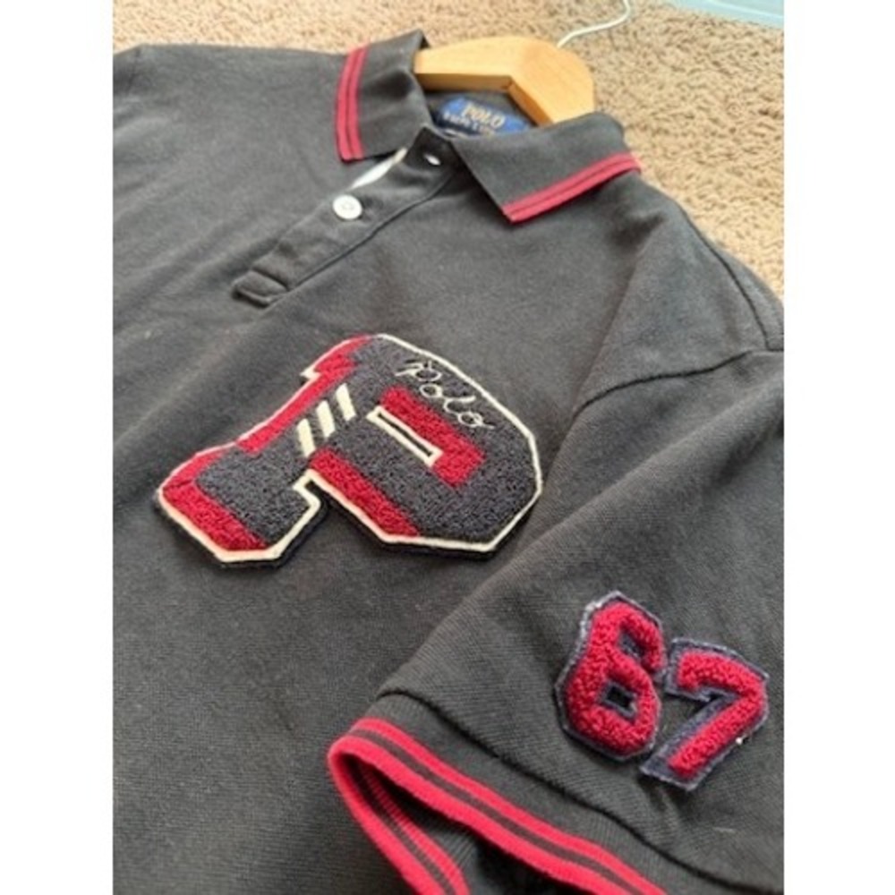 Polo Ralph Lauren Men Size M Black Custom Slim Fit Polo Shirt Letterman Patch 67